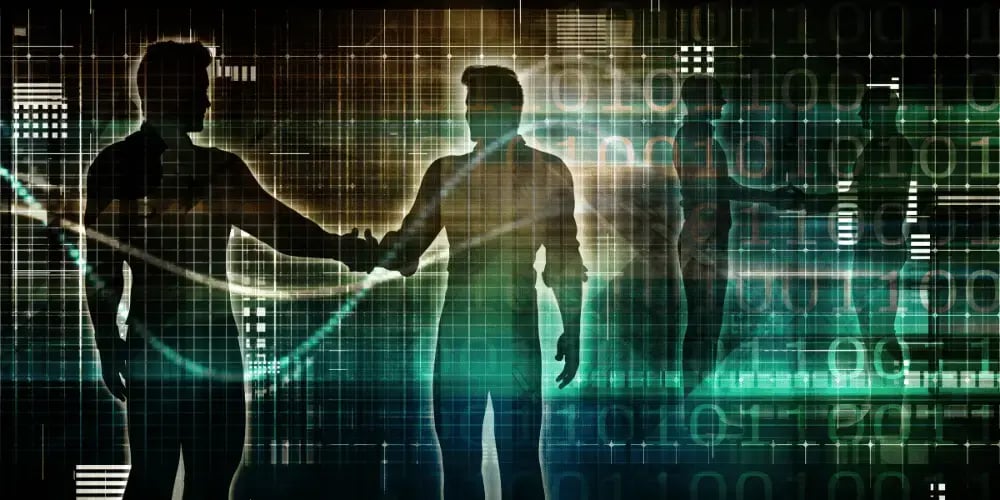  Silhouettes of people standing with digital grid patterns and abstract data visuals in the background, one figure extending a hand in a handshake, symbolizing partnership and technology integration. 