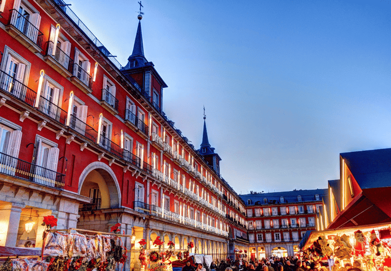 dusk of red building in Madrid, Spain, on a clear blue sky evening