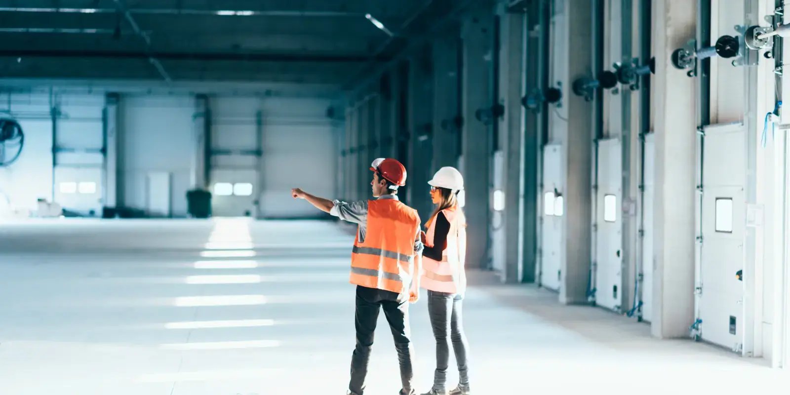  Two construction workers wearing safety vests and hard hats stand in a large, empty industrial space. One worker points ahead, as if discussing or inspecting the site, while the other observes attentively. The setting is brightly lit, with natural light streaming through windows, highlighting the spacious interior. 
