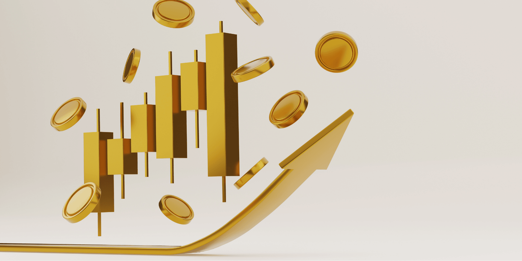  gold chart with arrows and ticker candles and gold coins 