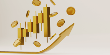 gold chart with arrows and ticker candles and gold coins