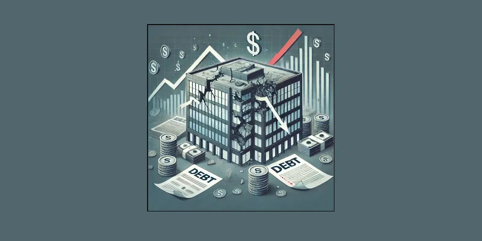  building with graphs and dollar signs point down to signify debt 