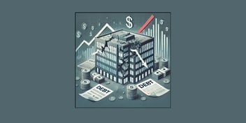 building with graphs and dollar signs point down to signify debt