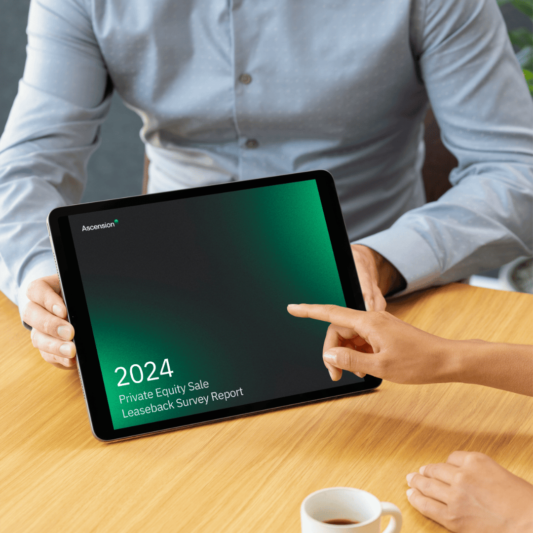 Person pointing at a tablet showing '2024 Private Equity Sale Leaseback Survey Report' by Ascension.