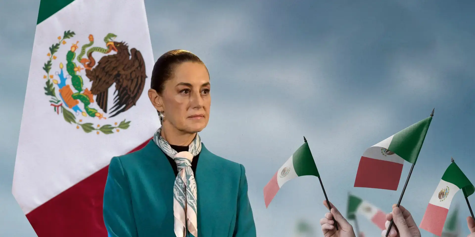 Mexican politician with national flag in background and hands holding miniature Mexican flags.